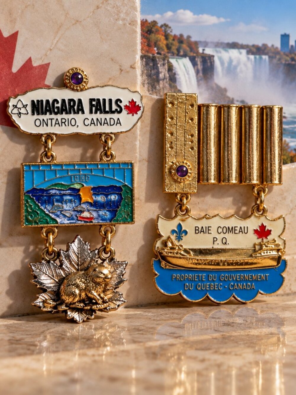 Vintage Canadian Souvenir Enamel Pins – Niagara Falls & Baie-Comeau Quebec – Lot
